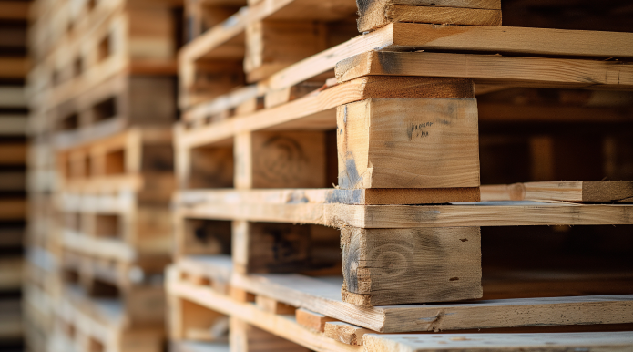 Close-up of wooden pallets in a warehouse near Charlotte, highlighting efficient packing practices by a trusted freight broker.