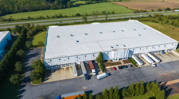 Aerial view of a food grade warehouse facility in the Charlotte region with truck docks and secure trailer parking